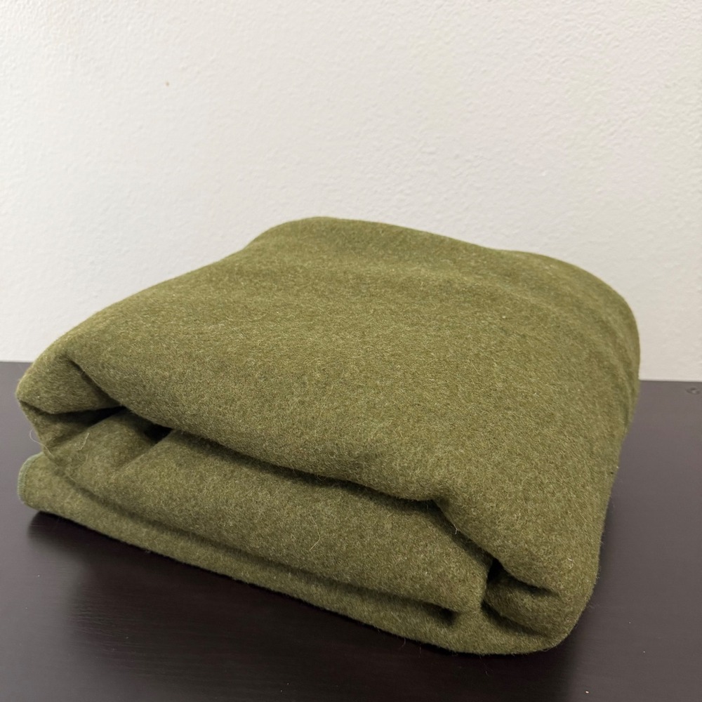 Vintage 1974 US Military Wool Blanket Olive Green Burlington Woolens US Stamp